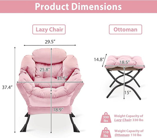 Youtanic Lazy Chair with Folding Ottoman, Accent Chair Velvet Upholstered with Metal Structure and Non-Slip Pads, Sofa Armchair with Footrest and Side Storage Bag for Dorm, Room, Office, Pink