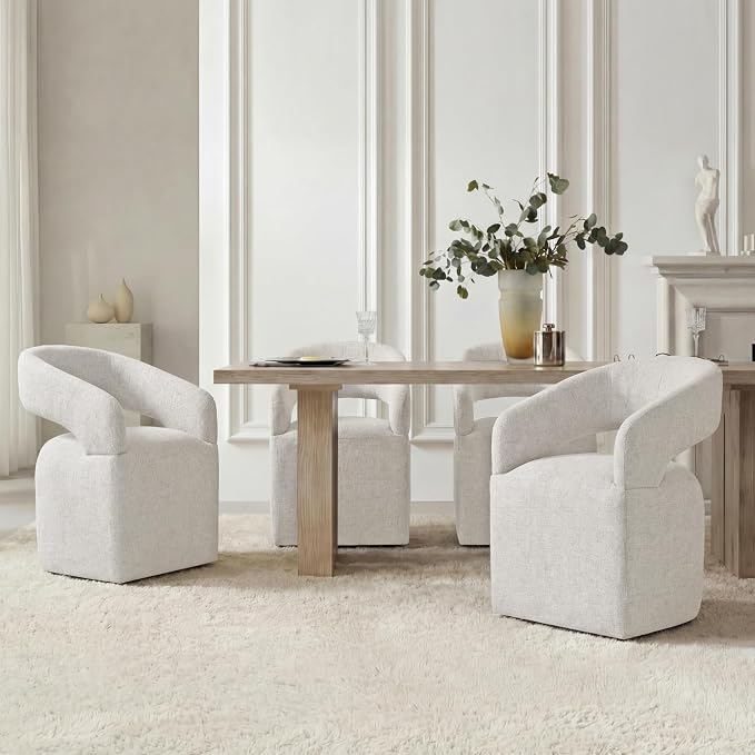 KISLOT Upholstered Dining Chairs Set of 1, Modern Arm Kitchen & Dining Room Chairs with Hidden Casters, Linen Fabric Padded Rolling Chairs, Sturdy Wood Frame, 300 lbs Capacity, Beige