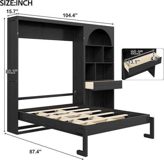 Merax Farmhouse Multi-Functional Murphy Bed with Cabinets & a Drawer,White | Queen Size Solid Wood Foldable Wall Platform Bed Upholstered Headboard for Guest-Room, Bedroom/ Space Saving