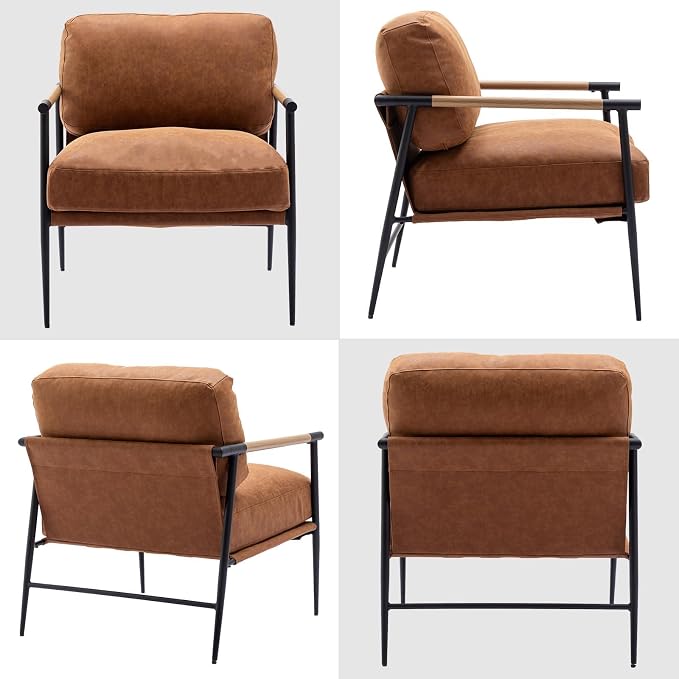 DUOMAY Mid-Century Modern Accent Chair Armchair Brown PU Leather Sofa Lounge Bedroom Chair with Metal Leg for Living Room Reading Office
