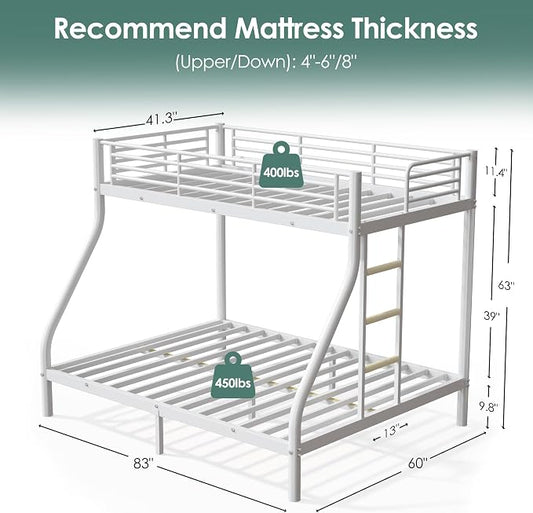 Bunk Beds Twin XL Over Full Size with 6" Mattresses Included, All-in-One Bunk Bed for Kids/Adults, Heavy Duty Sturdy Frame with Ladder Guardrail, with Memory Foam Mattresses, White