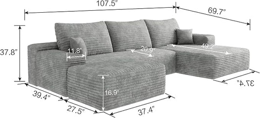 107" U Shaped Cloud Corduroy Couch with Ottoman, Comfy Sectional Boneless Couches for Living Room Bedroom, Deep Seat Sleeper Compression Sofa, No Assembly, Left Facing Chaise, Grey
