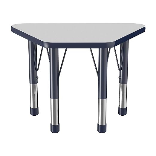 FDP Trapezoid Activity School and Classroom Kids Table (18 x 30 inch), Chunky Toddler Legs for Collaborative Seating Environments, Adjustable Height 15-24 inches - Gray Top and Navy Edge
