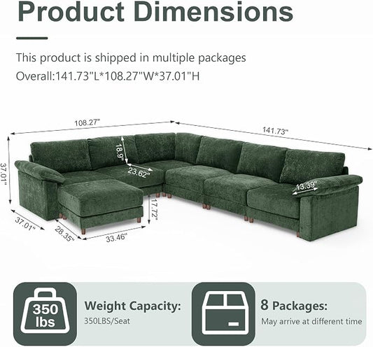 Oversized L Shaped Sectional Couch for Living Room, Extra Large Deep Seat Modular Sectional Sofa with Washable Covers, Modern Cloud Couch for Apartment, Bedroom (Green, Corner V Shape 7 Seat)