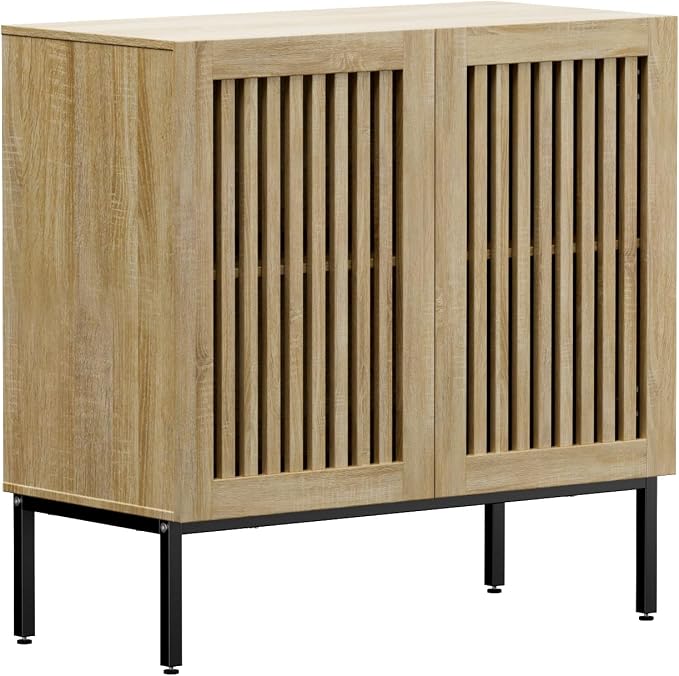 BVIUNTWO Buffet Cabinet with Storage,31.5" Farmhouse Console Table with Metal Base and Adjustable Shelf,Sideboard Coffee Bar Cabinet with 2 Doors for Kitchen,Dining Room,Living Room,Oak