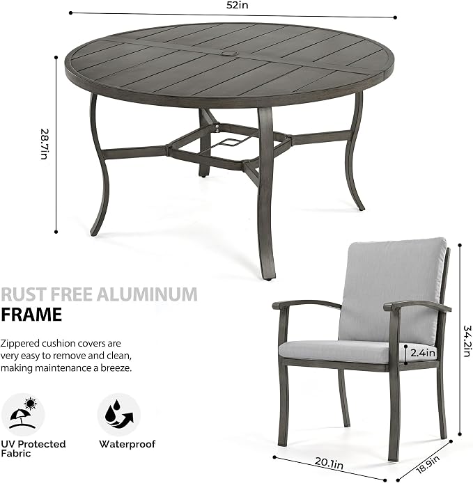 HAPPATIO Patio Dining Set, Aluminum Round Outdoor Dining Set for 6, 52" Round Dining Table with Umbrella Hole and 6 Chairs, Outdoor Table and Chairs with Removable Cushion for Lawn Yard Patio