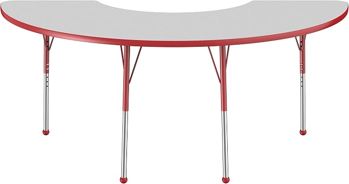 FDP Half Moon Activity School and Office Table (36 x 72 inch), Standard Legs with Ball Glides for Collaborative Seating Environments, Adjustable Height 19-30 inches - Gray Top and Red Edge