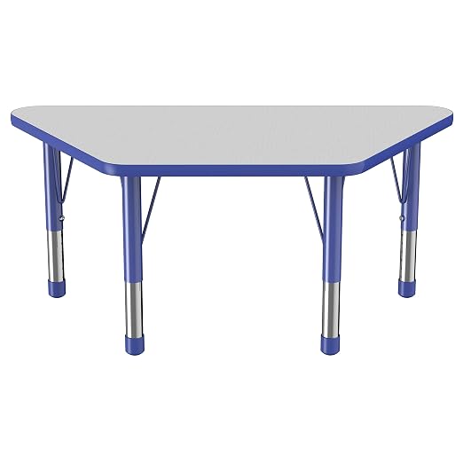 FDP Trapezoid Activity School and Classroom Kids Table (24 x 48 inch), Chunky Toddler Legs for Collaborative Seating Environments, Adjustable Height 15-24 inches - Gray Top and Blue Edge