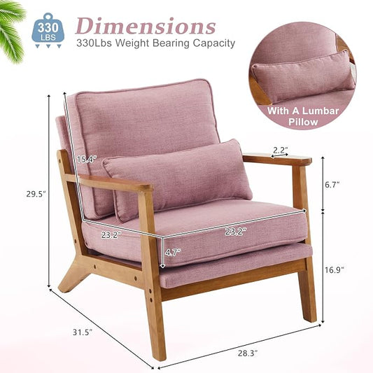 VINGLI Solid Wood Wide Armrests Accent Chair Set of 2,Upholstered Mid Century Modern Chair with Pillow,Farmhouse Arm Chair Comfy Chair,Chairs Living Room,Bedroom,Guest Room,Linen Fabric,Peachy Red