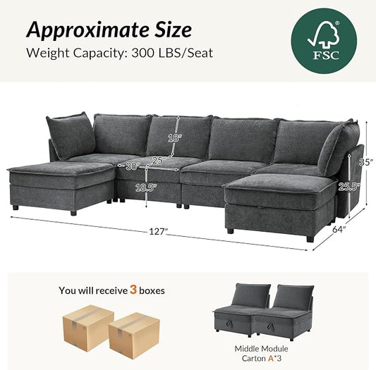 HULALA HOME 127'' Modular Sectional Sofa, Oversized U Shaped Couch with Storage Ottoman, Comfy Chenille Sofa with Deep Seat, 6 Seat Convertible Couches for Living Room, Grey