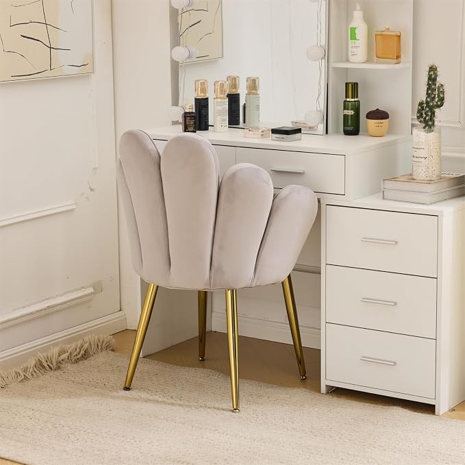 VINGLI Petal Makeup Vanity Chair with Back,Flower Cute Girls Desk Chair Comfy No Wheels,Modern Dining Chair,Small Accent Chair with Adustable Gold Legs&Bow Pillow for Home Office,Bedroom,Velvet,Grey