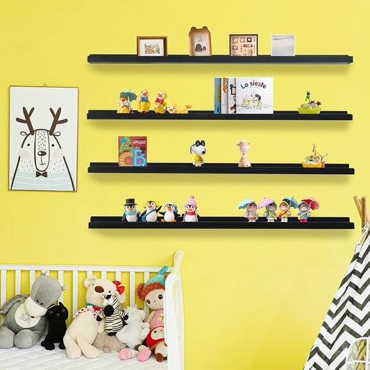 Long Floating Shelves for Wall 47 Inch,Real Wood Picture Ledge Shelf with Lip Set of 4,Photo Frame Storage Display for Living Room Nursery Bedroom Bathroom Kitchen Home Office Decor (Black)