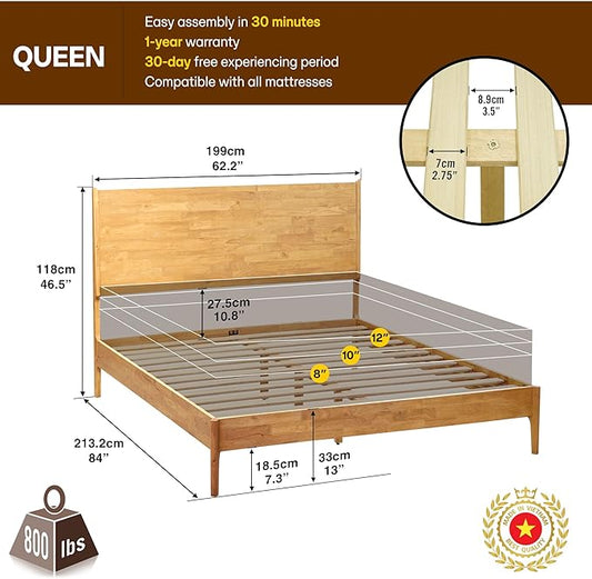 Acacia Haven Queen Bed Frame and Headboard, Solid Wood Platform Bed Frame Scandinavian Compatible with All Mattress Types, Wood Slats Support 800lbs Capacity, Quick & Easy Assembly, Natural Oak