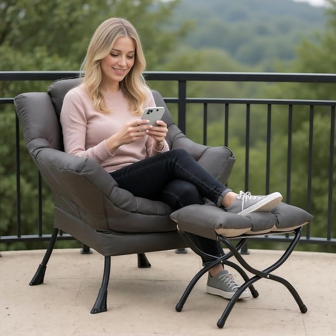 Lazy Chair with Ottoman, Modern Accent Chair Contemporary Sofa Chair with Armrests, Reading Chair and Folding Footstool Set for Living Room, Bedroom, Office, Dark Grey