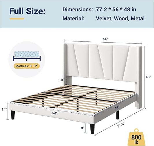 Allewie Full Size Platform Velvet Bed Frame with Geometric Wingback Headboard, Boho Upholstered Bed with Wooden Slats Support, No Box Spring Needed, Easy Assembly, White