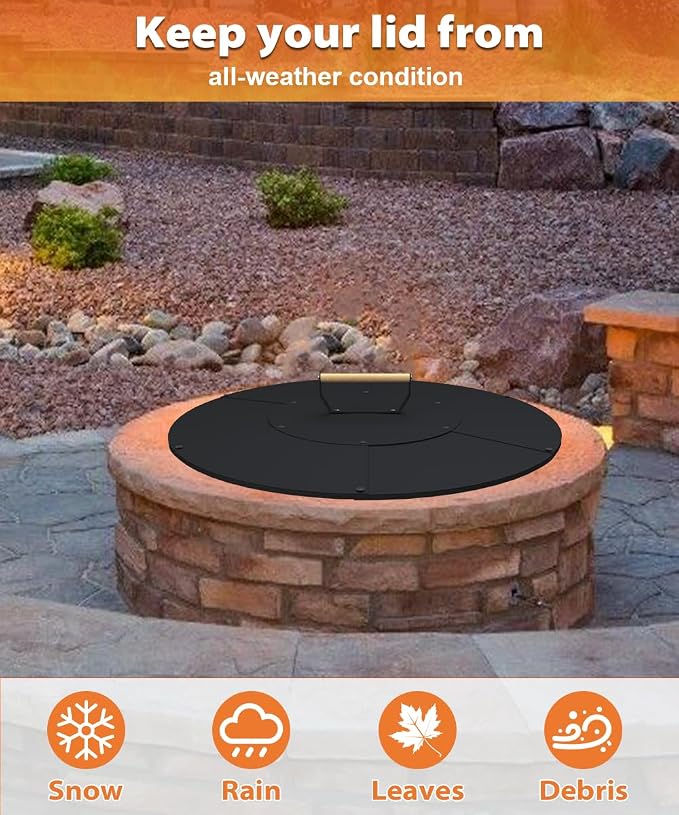 24" Wooden-Handle Fire Pit Lid for Pits up to 22", Round Metal Bonfire Pit Burner Pan Cover, Smokeless Fire Pit Cover for Fire Tables, All-Weather Resistance Outdoor Firepit Accessory