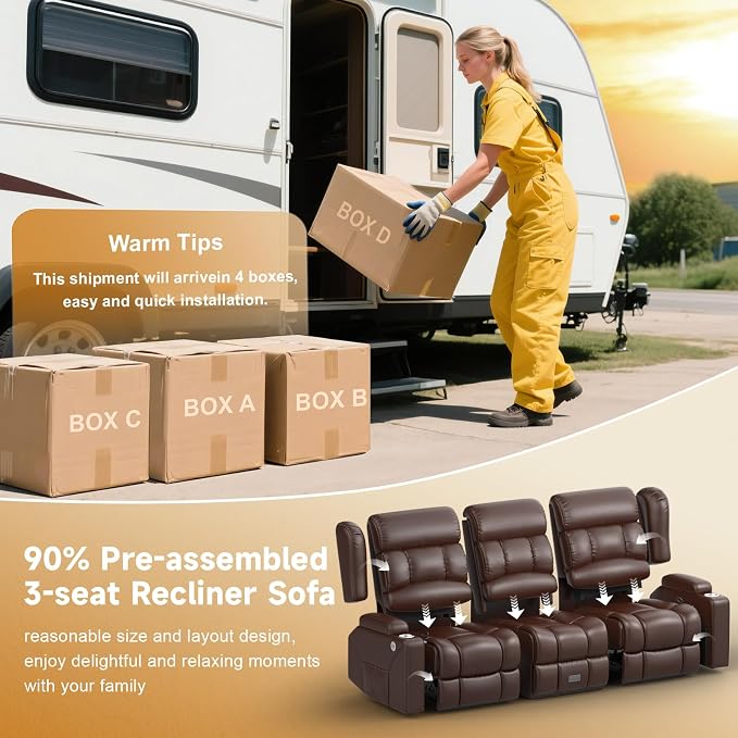 Loveseat Recliner Sofa with Flip Backrest Design, 3 Seat RV Recliner Sofa with USB Ports & Pockets, Wall Hugger Reclining Loveseat with Cup Holders & Drawer, RV Couch for Home Theater Seating