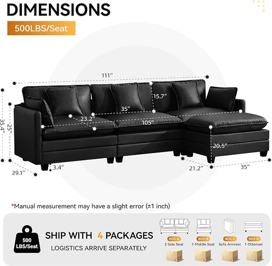 111'' Sectional Cloud Deep Seat Couch, Modern Comfy Leather L Shaped Sectional Sofa for Living Room Set, Upholstered Modular 4-Seats Sofa Couch with 1 Movable Ottoman, Leather Black