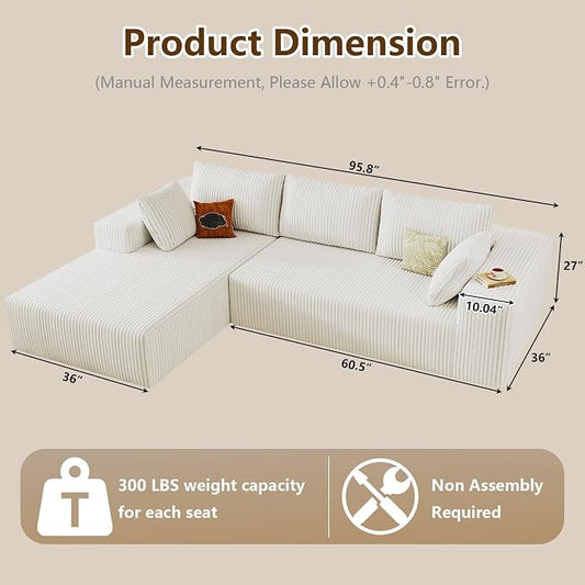 96" Modular Sectional Couch, Boneless L Shaped Cloud Sofa with Chaise Lounge, Corduroy Upholstered Couches Memory Foam Deep Seat, No Assembly Required, Ideal for Living Room(White, Left Facing)