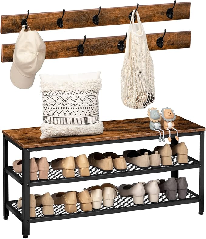 HOOBRO Hall Tree Entryway Storage Bench, Coat Rack Shoe Bench, Shoe Rack Organizer with Coat Hooks, 3-in-1 Design, Wooden Furniture with Metal Frame, Rustic Brown and Black BF171MT01