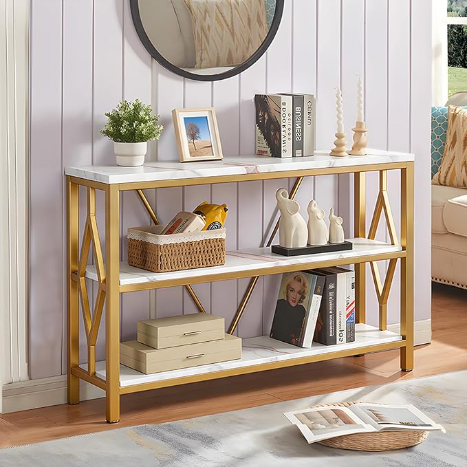 HOMISSUE Sofa Console Table, Rustic Console Table with 3-Tier Storage, Engineered Wood Sofa Tables with Open Shelves, Heavy Duty Entryway Tables for Living Room, Hallway (47 Inch, Gold)