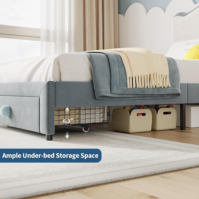 GarveeHome Upholstered Twin Bed Frame with Storage Drawer & Scallop Headboard, Princess Twin Size Platform Bed Frames for Kids Girls, Wooden Slats Support, No Box Spring Needed, Pink/White (Blue)