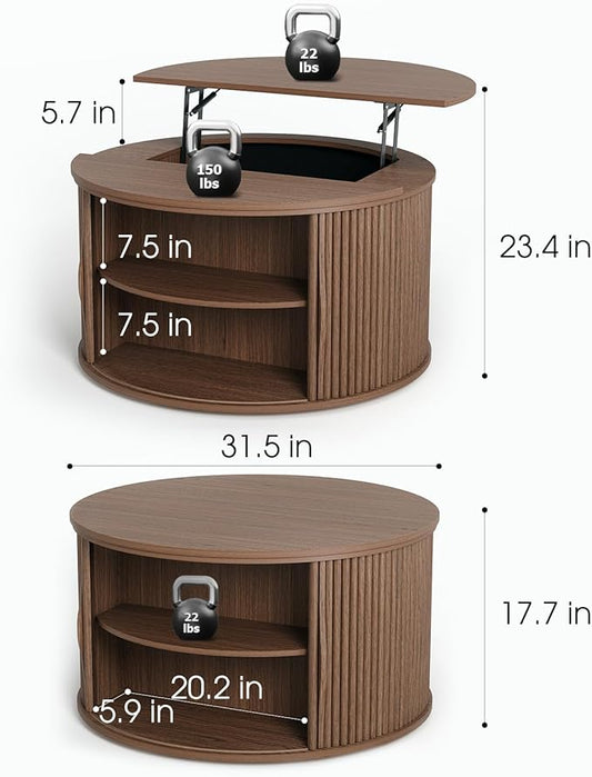JOINICE 31.5" Round Lift Top Coffee Table, Mid Century Modern Walnut Center Table with Hidden Storage, Fluted Drum Wood Design for Small Living Room & Apartment