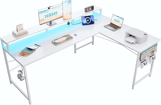 Pamray 64 Inch L Shaped Gaming Desk with Power Outlets and Led Lights, Large Corner Computer Desk with Monitor Stand and Pegboard, PC Table for Home Office and Bedroom White