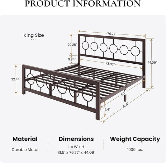 SHA CERLIN King Size Metal Bed Frame with Vintage Circular Design Headboard and Footboard,No Box Spring Required, Easy Assembly,Noise-Free,Brown