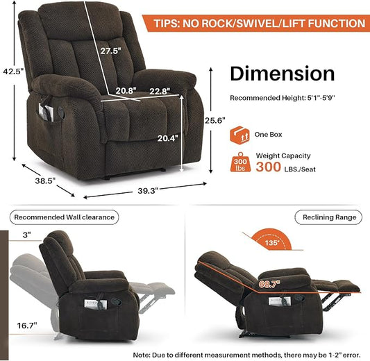 Massage Recliner Chair with Heat, Velvet Recliner Chairs for Adults, 39" Wide Manual Reclining Ergonomic Lounge Chair, Overstuffed Wall Hugger Recliners for Living Room, Chocolate Brown