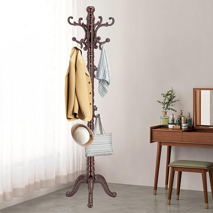 OIRUMIE Wooden Coat Rack Stand, Vintage Wood Coat Rack Freestanding with Sturdy Triangle Base, Classic Coat Racks with 14 Hooks, Natural Birch Wood Coat Tree Hanger Stand for Entryway,Office