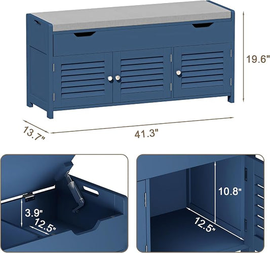 ChooChoo 41.3" Shoe Storage Bench with Lift Top Storage, Entryway Bench with Cushioned Seat, Adjustable Shelf, Shoe Cabinet with Hidden Space, for Entryway, Bedroom, Living Room, Blue