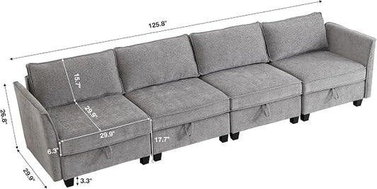 Modular Sectional Sofa, Convertible Couch with Storage, 4 Seater Sofa Modular with Reversible Chaise for Living Room, Office (Grey)