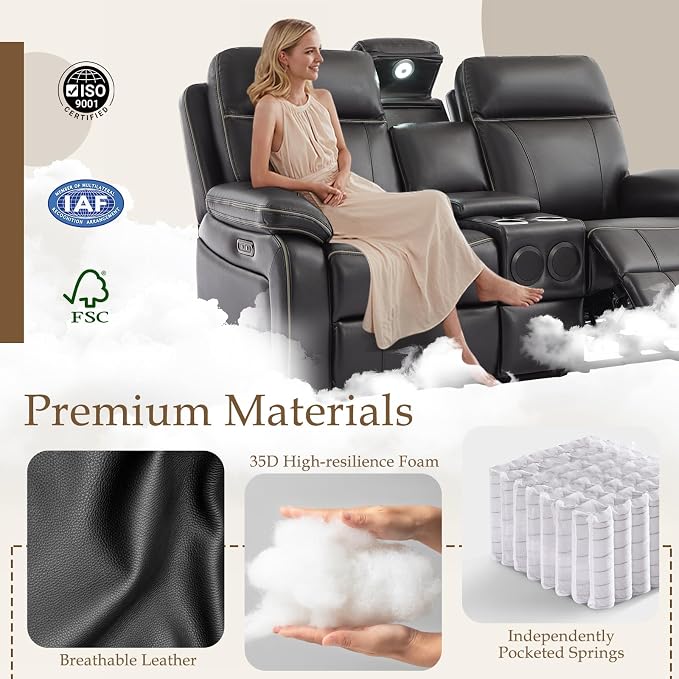 Power Reclining Loveseat with LED Reading Light/Storage Drawer, Power Loveseat Recliner Sofa, Reclining Loveseat with Bluetooth Speakers/Outlets/Breathing Leather (Brown, 2 Seat with Console)