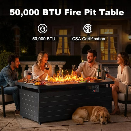 51 Inch Outdoor Propane Fire Pit Table, 50000 BTU Rectangular Propane Fire Pit with Steel Tabletop & Sliding Tank Holder, 4-in-1 Gas FirePit Table with Blue Glass Stones for Patio, Backyard