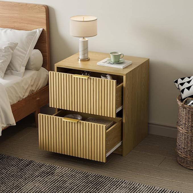 MAISONARIA 3-Piece Dresser Bedroom Set, 6 Drawer Dresser & 2 Drawer Nightstands with Gold Handles, Fluted Wood Chest of Drawers for Bedroom, Living Room, Entryway, Nature