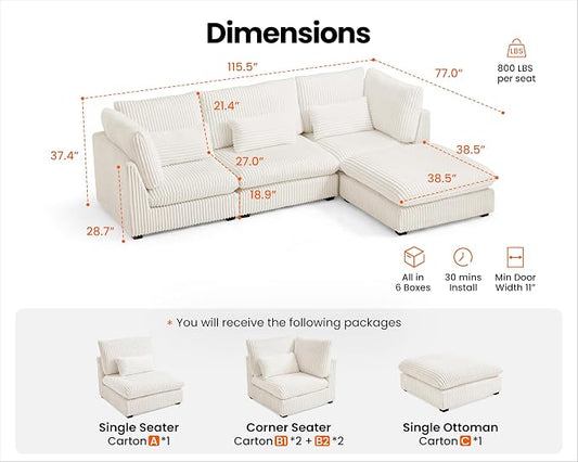 115" Oversized Corduroy Couch Modular Sectional Sofa, Washable Cloud Couch Sectional with Ottoman, 4 Seater Sectional Couches for Living Room, Fully Cover Removable, L Shaped, Plush Corduroy, White