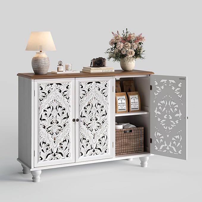 JOINICE Accent Cabinet with 3 Carved Doors,Farmhouse Buffet Cabinet with Storage for Living Room, Entryway, Dining Room, Coffee Bar(White)