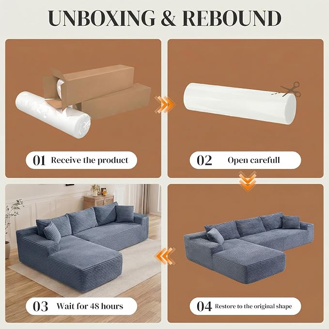 95" L Shaped Cloud Boneless Sectional Couches for Living Room, Modern Comfy Modular Deep Seat Memory Foam Compressed Corduroy Sofa Oversized Left Facing Chaise, No Assembly Required, Grey