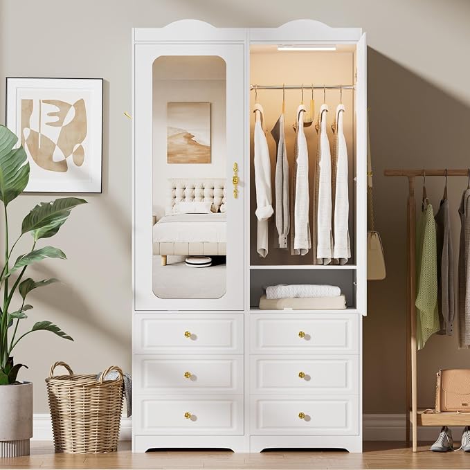 Armoire Wardrobe Closet, White Bedroom Armoires Cabinet with Mirror Door and 6 Drawers, 15.7" W/69.5" H Clothing Storage Cabinet with Hanging Rod & Sensor Light for Bedroom-Left+Right