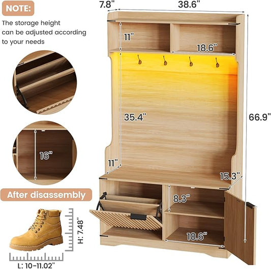 Maupvit 67" Tall Modern Boho Hall Tree with Bench and Shoe Storage, Entryway Fluted Hall Tree, Mudroom Bench with Flip Drawers, 4 Hooks, Adjustable LED Light for Garage, Living Room, Oak
