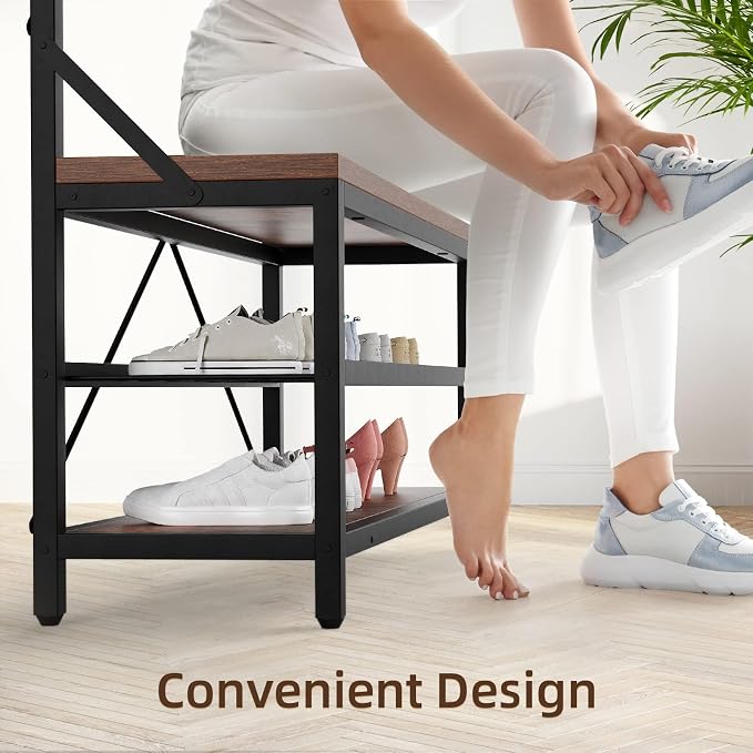 Hall Tree with Bench and Shoe Storage, Entryway Bench with Coat Rack, 3-in-1 Mudroom Organizer with 8 Hooks, Freestanding Industrial Storage Rack for Hallway, Rustic Brown