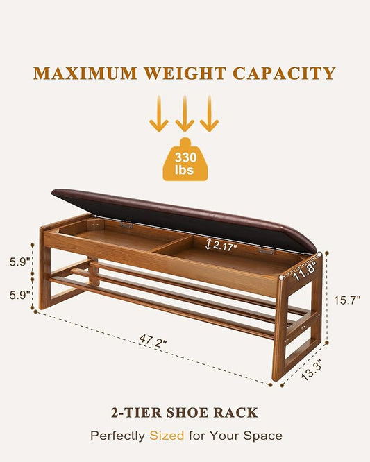 IUNVR Shoe Rack Bench with Hidden Storage, 2-TierSolid Rubberwood Entryway Bench with SoftLeather Cushioned Seat & Flip-Top Storage,330lbs Capacity, Wooden Shoe Organizer forHallway, Closet, Foyerm