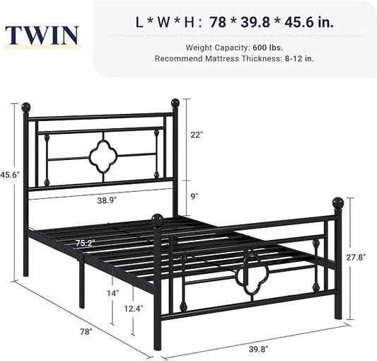 Allewie Twin Size Metal Platform Bed Frame with Victorian Vintage Headboard and Footboard/Mattress Foundation/Under Bed Storage/No Box Spring Needed/Noise-Free/Easy Assembly, Black
