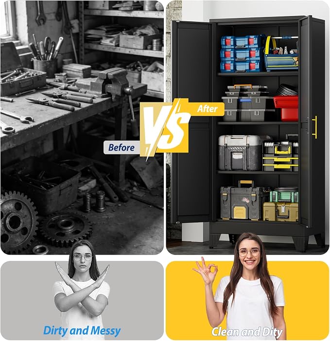 PAOFIN 61" Metal Storage Cabinet with 2 Doors and 3 Adjustable Shelves,Black Metal Garage Storage Cabinets, File Cabinet,Steel Tool Cabinets for Home,Office,Garage,School,Warehouse