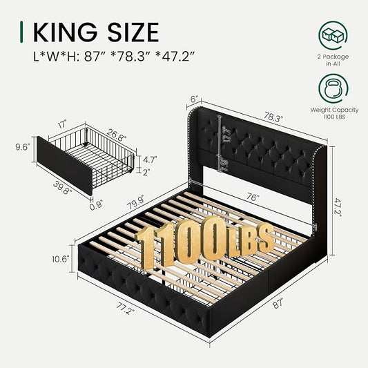 LARMACE King Size Bed Frame with 4 Storage Drawers and 47.2" Tall Tufted Headboard Velvet Upholstered Platform Bed Frame Wingback Beds with Wooden Slats Support, Easy Assembly, Black