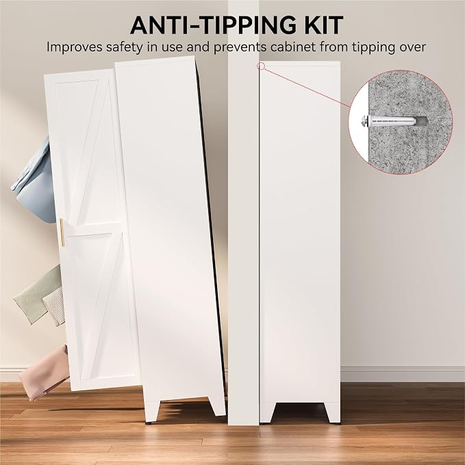COFaR 71" Metal Wardrobe Closet with Adjustable Hanging Rod & 2 Shelves, Freestanding 2-in-1 Armoire Cabinet with Large Top/Bottom Storage, White Steel Closet Organizer
