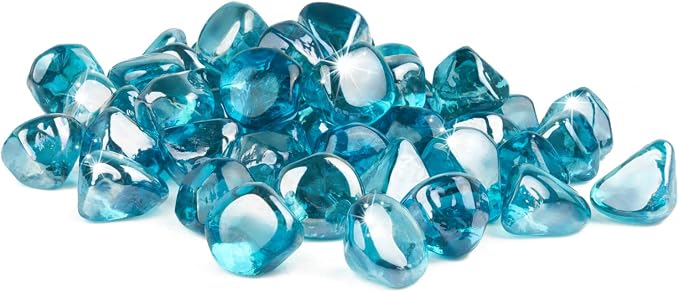 GASPRO 20 Pound Fire Glass Diamonds 1 Inch, Fire Pit Glass Rocks for Gas Fireplace and Fire Pit, Caribbean Blue, High Luster