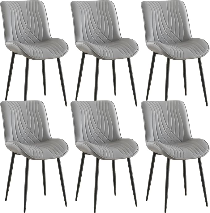 VECELO Dining Chairs Set of 6, Modern Upholstered Faux Leather Cushion Seat and Metal Legs for Kitchen, Living Room, Grey