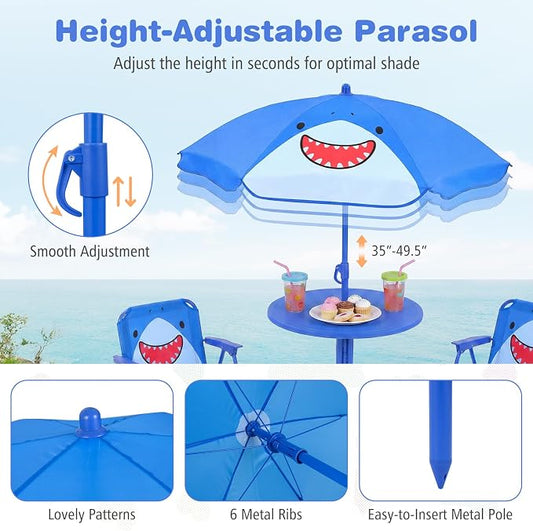 Costzon Kids Picnic Table, Kids Outdoor Table with 2 Folding Chairs, Height Adjustable Umbrella, Portable Children Outdoor Furniture for Patio, Garden, Backyard (Blue Shark)